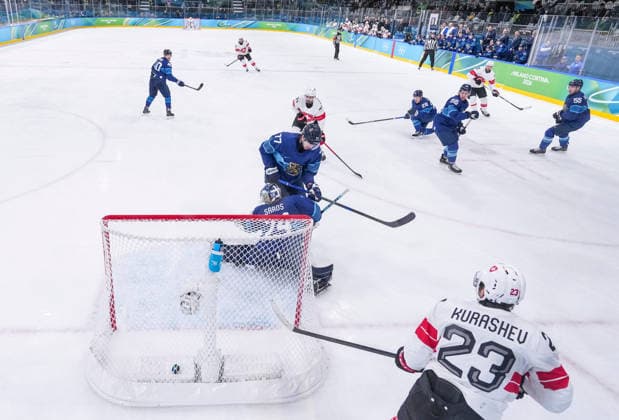 (260219) -- MILAN, Feb. 19, 2026 -- Juuse Saros (2nd bottom), goalkeeper of Finland, fails to make a save during the Ice hockey, Eishockey men s play-offs quarterfinal between Finland and Switzerland at the Milan-Cortina 2026 Olympic Winter games, Winterspiele,Spiele, Summer games in Milan, Italy, Feb. 18, 2026. ) (MICO2026)ITALY-MILAN-OLYMPIC WINTER GAMES-ICE HOCKEY-MEN-PLAY-OFFS QUARTERFINALS-FIN VS SUI SunxFei 