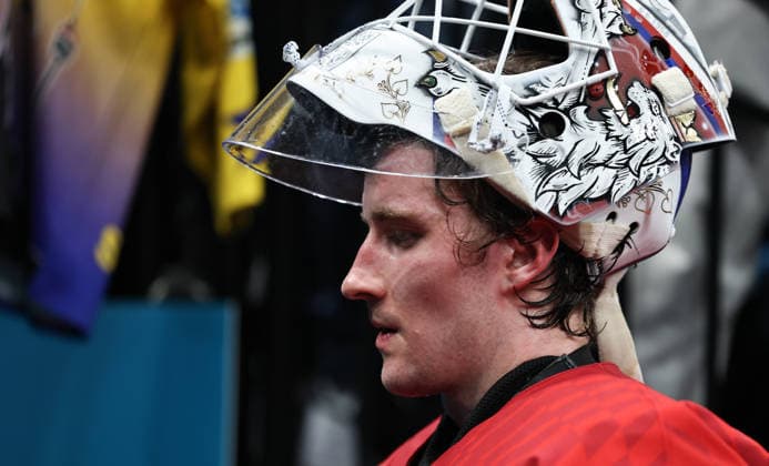 (260219) -- MILAN, Feb. 19, 2026 -- Lukas Dostal, goalkeeper of the Czech Republic, reacts after the Ice hockey, Eishockey men s play-offs quarterfinals match between Canada and the Czech Republic at the Milan-Cortina 2026 Olympic Winter games, Winterspiele,Spiele, Summer games in Milan, Italy, Feb. 18, 2026. ) (MICO2026)ITALY-MILAN-OLYMPIC WINTER GAMES-ICE HOCKEY-MEN-PLAY-OFFS QUARTERFINALS-CAN VS CZE WangxKaiyan 
