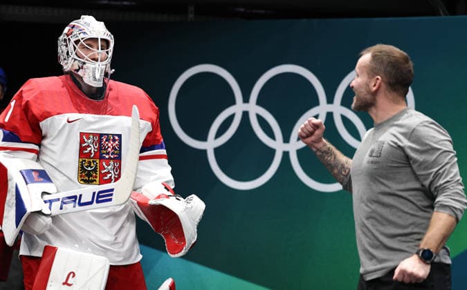 (260219) -- MILAN, Feb. 19, 2026 -- Lukas Dostal (L), goalkeeper of the Czech Republic, reacts before the Ice hockey, Eishockey men s play-offs quarterfinals match between Canada and the Czech Republic at the Milan-Cortina 2026 Olympic Winter games, Winterspiele,Spiele, Summer games in Milan, Italy, Feb. 18, 2026. ) (MICO2026)ITALY-MILAN-OLYMPIC WINTER GAMES-ICE HOCKEY-MEN-PLAY-OFFS QUARTERFINALS-CAN VS CZE WangxKaiyan 