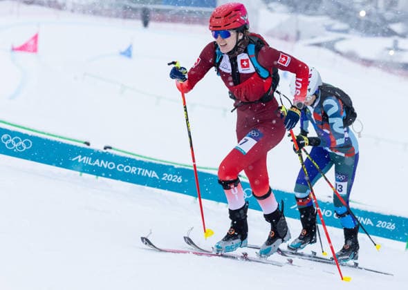 OLYMPICS - Winter Olympic Games, Olympische Spiele, Olympia, OS Milano Cortina 2026 BORMIO,ITALY,19.FEB.26 - OLYMPICS, SKI MOUNTAINEERING - Winter Olympic Games Milano Cortina 2026, sprint race. Image shows Caroline Ulrich (SUI) and Rebeka Cully (SVK).  GEPAxpictures xHaraldxSteiner