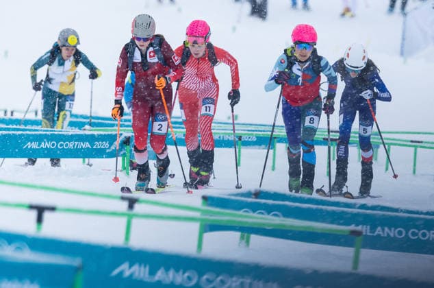 OLYMPICS - Winter Olympic Games, Olympische Spiele, Olympia, OS Milano Cortina 2026 BORMIO,ITALY,19.FEB.26 - OLYMPICS, SKI MOUNTAINEERING - Winter Olympic Games Milano Cortina 2026, sprint race. Image shows Marianne Fatton (SUI), Johanna Hiemer (AUT), Marianna Jagercikova (SVK) and Margot Ravinel (FRA).  GEPAxpictures xHaraldxSteiner