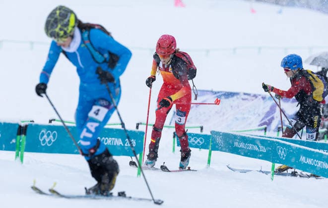 OLYMPICS - Winter Olympic Games, Olympische Spiele, Olympia, OS Milano Cortina 2026 BORMIO,ITALY,19.FEB.26 - OLYMPICS, SKI MOUNTAINEERING - Winter Olympic Games Milano Cortina 2026, sprint race. Image shows Giulia Murada (ITA), Ana Alonso Rodriguez (ESP) and Yuzhen Cidan (CHN).  GEPAxpictures xHaraldxSteiner