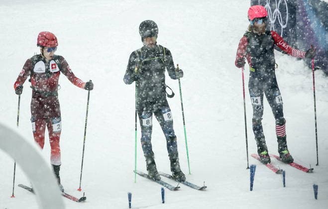 ITALY, LOMBARDY - FEBRUARY 19, 2026: Jon Kistler of Switzerland, Nikita Filippov of Russia and Camerom Smith (L-R) of the US compete in the men s ski mountaineering sprint heats during the 2026 Winter Olympic Games, Olympische Spiele, Olympia, OS on the Stelvio slope of the Bormio Ski Resort in Bormio, Province of Sondrio 2026 Winter Olympics: Ski Mountaineering  - ZUMAt113 20260219_zaa_t113_094 Copyright: xMikhailxTereshchenkox