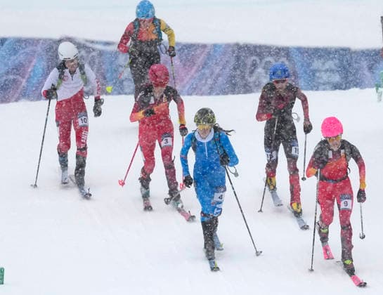 Skiers compete in the first heat of the Ski Mountaineering Women s Sprint at the Milano Cortina 2026 Winter Olympic Games, Olympische Spiele, Olympia, OS in Bormio, Italy, on Thursday, February 19, 2026.  OLY20260219802 BOBxSTRONG