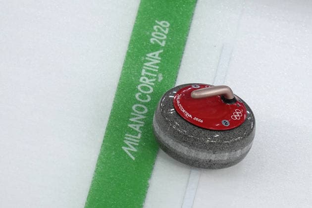 The stone during Curling Men Italy vs Swiss at Curling Arena at the Milano Cortina 2026 Winter Olympics, in Cortina (Italy) February 19 , 2026 (Spada LaPresse)  Copyright: xSpada LaPressex