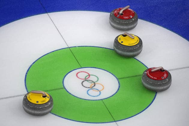 The stones during Curling Men Italy vs Swiss at Curling Arena at the Milano Cortina 2026 Winter Olympics, in Cortina (Italy) February 19 , 2026 (Spada LaPresse)  Copyright: xSpada LaPressex