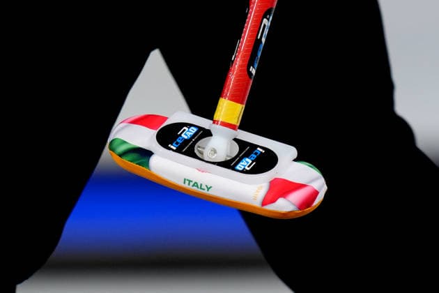 Italy™s curling broom during Curling Men Italy vs Swiss at Curling Arena at the Milano Cortina 2026 Winter Olympics, in Cortina (Italy) February 19 , 2026 (Spada LaPresse)  Copyright: xSpada LaPressex