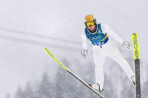 (260219) -- PREDAZZO, Feb. 19, 2026 -- Jens Luraas Oftebro of Norway competes during the Ski jumping, Skispringen, Ski, nordisch competition round of the nordic combined team sprint at the 2026 Milan-Cortina Winter Olympics in Predazzo, Italy, Feb. 19, 2026. ) (MICO2026)ITALY-PREDAZZO-OLYMPIC Winter games, Winterspiele,Spiele, Summer games NORDIC COMBINED-TEAM SPRINT HuangxWei 