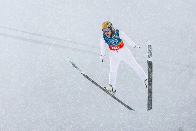 (260219) -- PREDAZZO, Feb. 19, 2026 -- Andreas Skoglund of Norway competes during the Ski jumping, Skispringen, Ski, nordisch competition round of the nordic combined team sprint at the 2026 Milan-Cortina Winter Olympics in Predazzo, Italy, Feb. 19, 2026. ) (MICO2026)ITALY-PREDAZZO-OLYMPIC Winter games, Winterspiele,Spiele, Summer games NORDIC COMBINED-TEAM SPRINT HuangxWei 