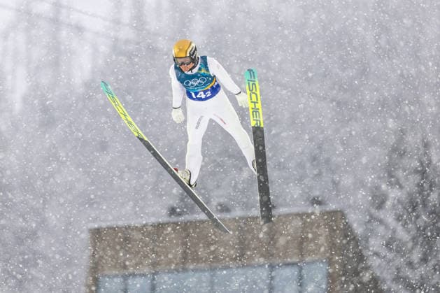 (260219) -- PREDAZZO, Feb. 19, 2026 -- Johannes Lamparter of Austria competes during the Ski jumping, Skispringen, Ski, nordisch competition round of the nordic combined team sprint at the 2026 Milan-Cortina Winter Olympics in Predazzo, Italy, Feb. 19, 2026. ) (MICO2026)ITALY-PREDAZZO-OLYMPIC Winter games, Winterspiele,Spiele, Summer games NORDIC COMBINED-TEAM SPRINT HuangxWei 