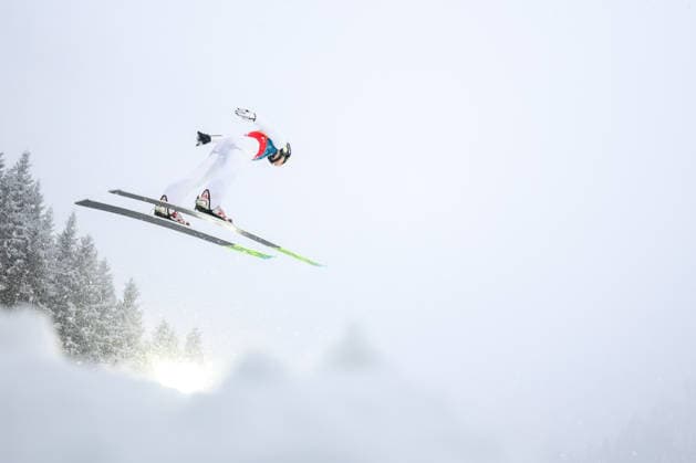 (260219) -- PREDAZZO, Feb. 19, 2026 -- Kacper Jarzabek of Poland competes during the Ski jumping, Skispringen, Ski, nordisch competition round of the nordic combined team sprint at the 2026 Milan-Cortina Winter Olympics in Predazzo, Italy, Feb. 19, 2026. ) (MICO2026)ITALY-PREDAZZO-OLYMPIC Winter games, Winterspiele,Spiele, Summer games NORDIC COMBINED-TEAM SPRINT HuangxWei 