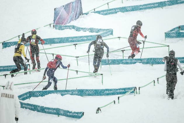 ITALY, LOMBARDY - FEBRUARY 19, 2026: Maximilien Drion du Chapois of Belgium, Ot Ferrer Martinez of Spain, Pablo Giner Dalmasso of France, Nikita Filippov of Russia and Arno Lietha (L-R) of Switzerland, compete in the men s ski mountaineering sprint semifinals during the 2026 Winter Olympic Games, Olympische Spiele, Olympia, OS on the Stelvio slope of the Bormio Ski Resort in Bormio, Province of Sondrio. Mikhail Tereshchenko TASS  88945208