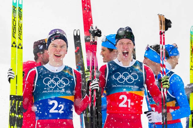 Winter Olympics in Milan Cortina 2026 Val di Fiemme, Italy 20260219. Jens Luraas Oftebro and Andreas Skoglund from Norway cheer during the combined team sprint 2 x 7.5 km Tesero CC-Stadium during the Winter Olympics in Milano Cortina 2026. Photo: Lise Aaserud NTB Val di Fiemme Italy EDITORIAL USE ONLY. RESTRICTED USE FOR BETTING COMPANIES Ref:_SPO4KP5FRs6_kw.jpg *** Winter Olympics in Milan Cortina 2026 Val di Fiemme, Italy 20260219 Jens Luraas Oftebro and Andreas Skoglund from Norway cheer during the combined team sprint 2 x 7 5 km Tesero CC Stadium during the Winter Olympics in Milano Cortina 2026 Photo Lise Aaserud NTB Val di Fiemme Italy EDITORIAL USE ONLY RESTRICTED USE FOR BETTING COMPANIES  Copyright: xLisexAserudx xNTBx