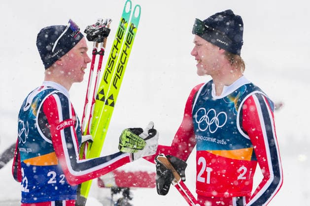 Winter Olympics in Milan Cortina 2026 Val di Fiemme, Italy 20260219. Jens Luraas Oftebro and Andreas Skoglund from Norway cheer during the combined team sprint 2 x 7.5 km Tesero CC-Stadium during the Winter Olympics in Milano Cortina 2026. Photo: Lise Aaserud NTB Val di Fiemme Italy EDITORIAL USE ONLY. RESTRICTED USE FOR BETTING COMPANIES Ref:_SPO8UuMODE0RJo.jpg *** Winter Olympics in Milan Cortina 2026 Val di Fiemme, Italy 20260219 Jens Luraas Oftebro and Andreas Skoglund from Norway cheer during the combined team sprint 2 x 7 5 km Tesero CC Stadium during the Winter Olympics in Milano Cortina 2026 Photo Lise Aaserud NTB Val di Fiemme Italy EDITORIAL USE ONLY RESTRICTED USE FOR BETTING COMPANIES  Copyright: xLisexAserudx xNTBx