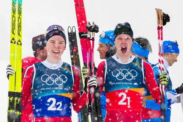 Winter Olympics in Milan Cortina 2026 Val di Fiemme, Italy 20260219. Jens Luraas Oftebro and Andreas Skoglund from Norway cheer during the combined team sprint 2 x 7.5 km Tesero CC-Stadium during the Winter Olympics in Milano Cortina 2026. Photo: Lise Aaserud NTB Val di Fiemme Italy EDITORIAL USE ONLY. RESTRICTED USE FOR BETTING COMPANIES Ref:_SPOa5h-8QxJfn0.jpg *** Winter Olympics in Milan Cortina 2026 Val di Fiemme, Italy 20260219 Jens Luraas Oftebro and Andreas Skoglund from Norway cheer during the combined team sprint 2 x 7 5 km Tesero CC Stadium during the Winter Olympics in Milano Cortina 2026 Photo Lise Aaserud NTB Val di Fiemme Italy EDITORIAL USE ONLY RESTRICTED USE FOR BETTING COMPANIES  Copyright: xLisexAserudx xNTBx