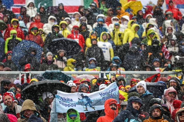 ITALY, LOMBARDY - FEBRUARY 19, 2026: Fans cheer for Russia in the men s ski mountaineering sprint semifinals during the 2026 Winter Olympic Games, Olympische Spiele, Olympia, OS on the Stelvio slope of the Bormio Ski Resort in Bormio, Province of Sondrio 2026 Winter Olympics: Ski Mountaineering  - ZUMAt113 20260219_zaa_t113_228 Copyright: xMikhailxTereshchenkox