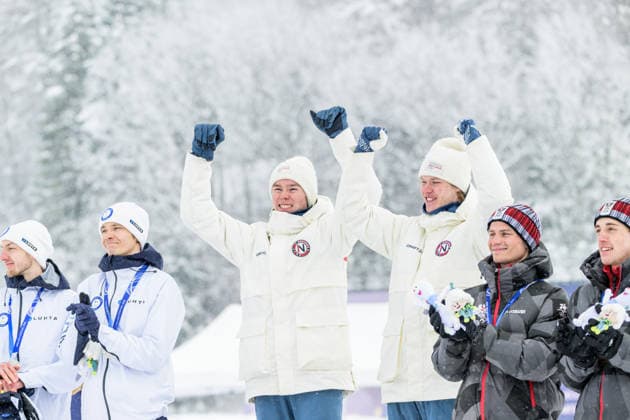260219 Andreas Skoglund of Norway and Jens Luras Oftebro of Norway celebrate after the nordic combined team sprint cross-country skiing during day 12 of the 2026 Winter Olympics on February 19, 2026 in Val di Fiemme. Photo: Maxim Thore BILDBYRAN kod MT MT0997 nordisk kombination nordic combined nordisk kombinert Olympic Games, Olympische Spiele, Olympia, OS olympics winter olympics os ol olympiska spel vinter-os olympiske leker milano cortina 2026 milan cortina 2026 milano cortina 2026 olympic games milano cortina 2026 winter olympic games milano cortina-os milano cortina-ol vinter-ol 12 bbeng norge norway jubel *** 260219 Andreas Skoglund of Norway and Jens Luras Oftebro of Norway celebrate after the nordic combined team sprint cross country skiing during day 12 of the 2026 Winter Olympics on February 19, 2026 in Val di Fiemme Photo Maxim Thore BILDBYRAN kod MT MT0997 nordic kombination nordic combined nordic kombinert olympic games olympics winter olympics os ol olympiska spel vinter os olympiske leker milano cortina 2026 milan cortina 2026 milano cortina 2026 olympic games milano cortina 2026 winter olympic games milano cortina os milano cortina ol vinter ol 12 bbeng norge norway jubel  Copyright: MAXIMxTHORE BB260219MT028