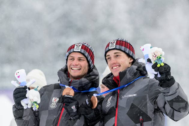 260219 Vid Vrhovnik of Slovenia and Gasper Brecl of Slovenia celebrate after the nordic combined team sprint cross-country skiing during day 12 of the 2026 Winter Olympics on February 19, 2026 in Val di Fiemme. Photo: Maxim Thore BILDBYRAN kod MT MT0997 nordisk kombination nordic combined nordisk kombinert Olympic Games, Olympische Spiele, Olympia, OS olympics winter olympics os ol olympiska spel vinter-os olympiske leker milano cortina 2026 milan cortina 2026 milano cortina 2026 olympic games milano cortina 2026 winter olympic games milano cortina-os milano cortina-ol vinter-ol 12 bbeng jubel *** 260219 Vid Vrhovnik of Slovenia and Gasper Brecl of Slovenia celebrate after the nordic combined team sprint cross country skiing during day 12 of the 2026 Winter Olympics on February 19, 2026 in Val di Fiemme Photo Maxim Thore BILDBYRAN code MT MT0997 nordic combination nordic combined nordic combined olympic games olympics winter olympics os ol olympiska spel vinter os olympiske leker milano cortina 2026 milan cortina 2026 milano cortina 2026 olympic games milano cortina 2026 winter olympic games milano cortina os milano cortina ol vinter ol 12 bbeng jubel  Copyright: MAXIMxTHORE BB260219MT031