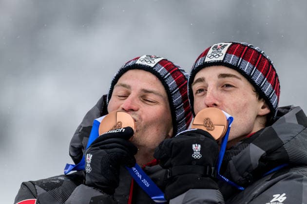 260219 Vid Vrhovnik of Slovenia and Gasper Brecl of Slovenia celebrate after the nordic combined team sprint cross-country skiing during day 12 of the 2026 Winter Olympics on February 19, 2026 in Val di Fiemme. Photo: Maxim Thore BILDBYRAN kod MT MT0997 nordisk kombination nordic combined nordisk kombinert Olympic Games, Olympische Spiele, Olympia, OS olympics winter olympics os ol olympiska spel vinter-os olympiske leker milano cortina 2026 milan cortina 2026 milano cortina 2026 olympic games milano cortina 2026 winter olympic games milano cortina-os milano cortina-ol vinter-ol 12 bbeng jubel *** 260219 Vid Vrhovnik of Slovenia and Gasper Brecl of Slovenia celebrate after the nordic combined team sprint cross country skiing during day 12 of the 2026 Winter Olympics on February 19, 2026 in Val di Fiemme Photo Maxim Thore BILDBYRAN code MT MT0997 nordic combination nordic combined nordic combined olympic games olympics winter olympics os ol olympiska spel vinter os olympiske leker milano cortina 2026 milan cortina 2026 milano cortina 2026 olympic games milano cortina 2026 winter olympic games milano cortina os milano cortina ol vinter ol 12 bbeng jubel  Copyright: MAXIMxTHORE BB260219MT032