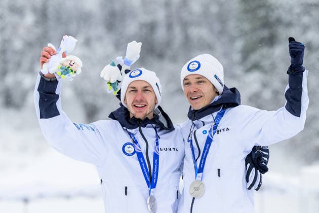 260219 Ilkka Herola of Finland and Eero Hirvonen of Finland celebrate after the nordic combined team sprint cross-country skiing during day 12 of the 2026 Winter Olympics on February 19, 2026 in Val di Fiemme. Photo: Maxim Thore BILDBYRAN kod MT MT0997 nordisk kombination nordic combined nordisk kombinert Olympic Games, Olympische Spiele, Olympia, OS olympics winter olympics os ol olympiska spel vinter-os olympiske leker milano cortina 2026 milan cortina 2026 milano cortina 2026 olympic games milano cortina 2026 winter olympic games milano cortina-os milano cortina-ol vinter-ol 12 bbeng jubel *** 260219 Ilkka Herola of Finland and Eero Hirvonen of Finland celebrate after the nordic combined team sprint cross country skiing during day 12 of the 2026 Winter Olympics on February 19, 2026 in Val di Fiemme Photo Maxim Thore BILDBYRAN code MT MT0997 nordic combination nordic combined nordic combined olympic games olympics winter olympics os ol olympiska spel vinter os olympiske leker milano cortina 2026 milan cortina 2026 milano cortina 2026 olympic games milano cortina 2026 winter olympic games milano cortina os milano cortina ol vinter ol 12 bbeng jubel  Copyright: MAXIMxTHORE BB260219MT033
