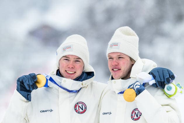 260219 Andreas Skoglund of Norway and Jens Luras Oftebro of Norway celebrate after the nordic combined team sprint cross-country skiing during day 12 of the 2026 Winter Olympics on February 19, 2026 in Val di Fiemme. Photo: Maxim Thore BILDBYRAN kod MT MT0997 nordisk kombination nordic combined nordisk kombinert Olympic Games, Olympische Spiele, Olympia, OS olympics winter olympics os ol olympiska spel vinter-os olympiske leker milano cortina 2026 milan cortina 2026 milano cortina 2026 olympic games milano cortina 2026 winter olympic games milano cortina-os milano cortina-ol vinter-ol 12 bbeng norge norway jubel *** 260219 Andreas Skoglund of Norway and Jens Luras Oftebro of Norway celebrate after the nordic combined team sprint cross country skiing during day 12 of the 2026 Winter Olympics on February 19, 2026 in Val di Fiemme Photo Maxim Thore BILDBYRAN kod MT MT0997 nordic kombination nordic combined nordic kombinert olympic games olympics winter olympics os ol olympiska spel vinter os olympiske leker milano cortina 2026 milan cortina 2026 milano cortina 2026 olympic games milano cortina 2026 winter olympic games milano cortina os milano cortina ol vinter ol 12 bbeng norge norway jubel  Copyright: MAXIMxTHORE BB260219MT034