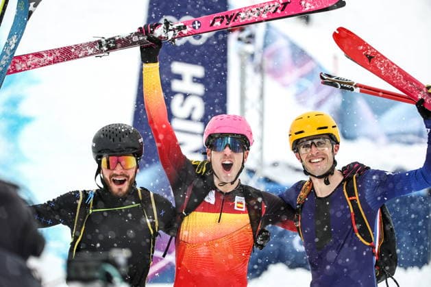 ITALY, LOMBARDY - FEBRUARY 19, 2026: Silver medalist Nikita Filippov of Russia, gold medalist Oriol Cardona Coll of Spain, and bronze medalist Thibault Anselmet (L-R) of France celebrate after the men s ski mountaineering sprint heats during the 2026 Winter Olympic Games, Olympische Spiele, Olympia, OS on the Stelvio slope of the Bormio Ski Resort in Bormio, Province of Sondrio 2026 Winter Olympics: Ski Mountaineering  - ZUMAt113 20260219_zaa_t113_300 Copyright: xMikhailxTereshchenkox