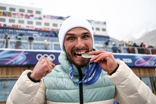 ITALY, LOMBARDY - FEBRUARY 19, 2026: Silver medalist Nikita Filippov of Russia poses during a victory ceremony for the men s ski mountaineering sprint heats during the 2026 Winter Olympic Games, Olympische Spiele, Olympia, OS on the Stelvio slope of the Bormio Ski Resort in Bormio, Province of Sondrio 2026 Winter Olympics: Ski Mountaineering  - ZUMAt113 20260219_zaa_t113_317 Copyright: xMikhailxTereshchenkox
