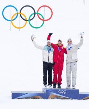 OLYMPICS - Winter Olympic Games, Olympische Spiele, Olympia, OS Milano Cortina 2026 BORMIO,ITALY,19.FEB.26 - OLYMPICS, SKI MOUNTAINEERING - Winter Olympic Games Milano Cortina 2026, sprint race, medal ceremony. Image shows Nikita Filippov (AIN), Oriol Cardona Coll (ESP) and Thibault Anselmet (FRA). Keywords: medals.  GEPAxpictures xHaraldxSteiner