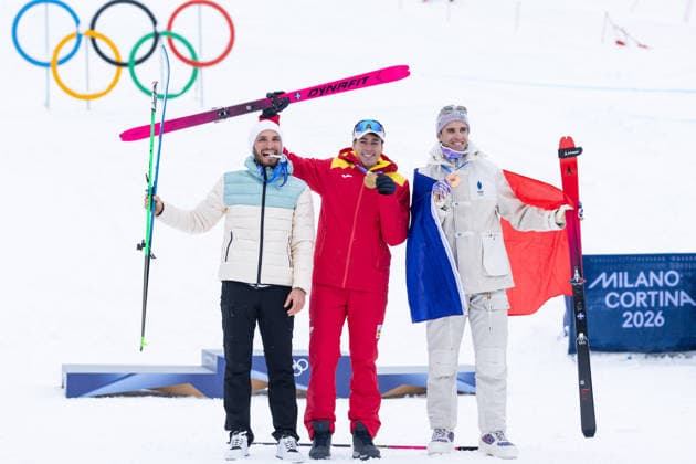 OLYMPICS - Winter Olympic Games, Olympische Spiele, Olympia, OS Milano Cortina 2026 BORMIO,ITALY,19.FEB.26 - OLYMPICS, SKI MOUNTAINEERING - Winter Olympic Games Milano Cortina 2026, sprint race, medal ceremony. Image shows Nikita Filippov (AIN), Oriol Cardona Coll (ESP) and Thibault Anselmet (FRA). Keywords: medals.  GEPAxpictures xHaraldxSteiner