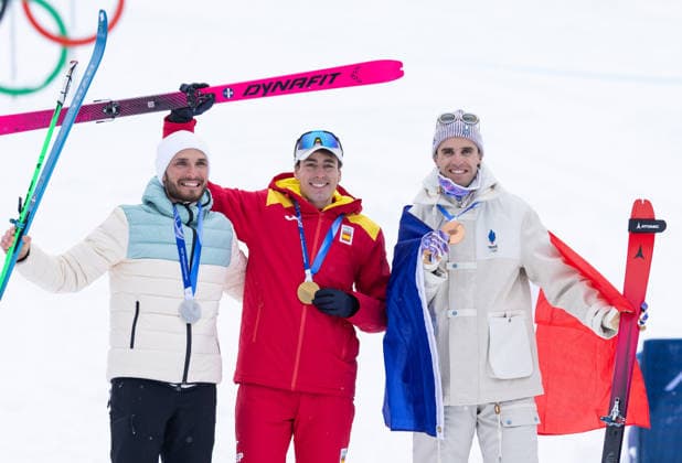 OLYMPICS - Winter Olympic Games, Olympische Spiele, Olympia, OS Milano Cortina 2026 BORMIO,ITALY,19.FEB.26 - OLYMPICS, SKI MOUNTAINEERING - Winter Olympic Games Milano Cortina 2026, sprint race, medal ceremony. Image shows Nikita Filippov (AIN), Oriol Cardona Coll (ESP) and Thibault Anselmet (FRA). Keywords: medals.  GEPAxpictures xHaraldxSteiner
