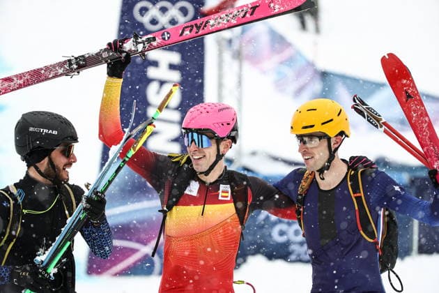 ITALY, LOMBARDY - FEBRUARY 19, 2026: Silver medalist Nikita Filippov of Russia, gold medalist Oriol Cardona Coll of Spain, and bronze medalist Thibault Anselmet (L-R) of France celebrate after the men s ski mountaineering sprint final during the 2026 Winter Olympic Games, Olympische Spiele, Olympia, OS on the Stelvio slope of the Bormio Ski Resort in Bormio, Province of Sondrio 2026 Winter Olympics: Ski Mountaineering  - ZUMAt113 20260219_zaa_t113_328 Copyright: xMikhailxTereshchenkox