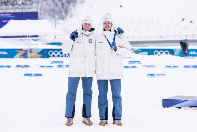 TESERO, ITALY - FEBRUARY 19: Gold medalists Jens Luraas Oftebro (Norway) and Andreas Skoglund (Norway) during the medal ceremony of the Nordic Combined Team Sprint at the Milano Cortina 2026 Olympics at Tesero Cross-Country Skiing Stadium on day 13 of the Milano Cortina 2026 Olympics on February 19, 2026 in Tesero, Italy. Editorial use only. Italy Copyright: xSteffiexWunderlx