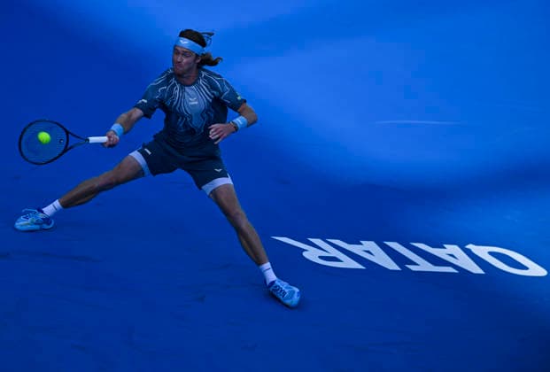 February 19, 2026, Doha, Qatar: Andrey Rublev of Russia is seen in action against Stefanos Tsitsipas of Greece ( not in view) during their men s singles quarter final match at the ATP, Tennis Herren Qatar Exxonmobil Open 2026 tennis tournament at the Khalifa International Tennis Complex. Andrey Rublev won against Stefanos Tsitsipas 6-3,7-6. Doha Qatar - ZUMAs197 20260219_aaa_s197_054 Copyright: xNoushadxVariyattiyakkalx