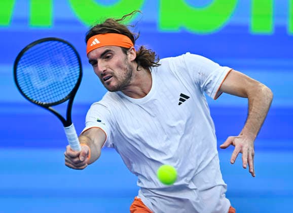 February 19, 2026, Doha, Qatar: Stefanos Tsitsipas of Greece is seen in action against Andrey Rublev of Russia ( not in view) during their men s singles quarter final match at the ATP, Tennis Herren Qatar Exxonmobil Open 2026 tennis tournament at the Khalifa International Tennis Complex. Andrey Rublev won against Stefanos Tsitsipas 6-3,7-6. ATP QATAR EXXONMOBIL OPEN-QUARTER FINAL - 19 Feb 2026  - ZUMAs197 20260219_aaa_s197_061 Copyright: xNoushadxVariyattiyakkalx