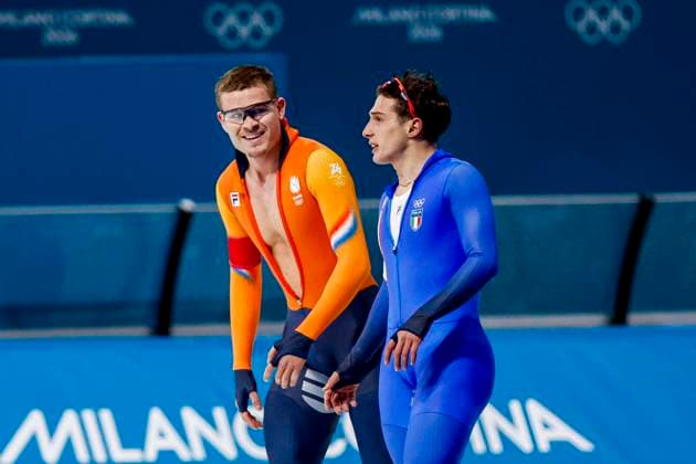 Joep Wennemars of the Netherlands and Daniele Di Stefano of Italy looks on after Men s 1500m, Milano Cortina 2026 Winter Olympics: Day 13, Speed skating, Eisschnelllauf - Milano Cortina 2026 Winter Olympics: Day 13, Milano Speed Skating Stadium, February 19, 2026, Milan, Italy.