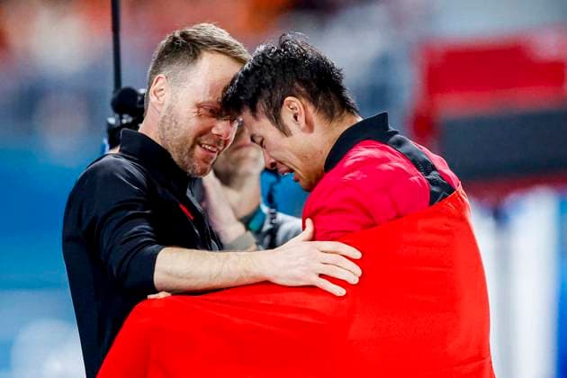 coach Johan de Wit celebrates with winner Zhongyan Ning of China after Men s 1500m, Milano Cortina 2026 Winter Olympics: Day 13, Speed skating, Eisschnelllauf - Milano Cortina 2026 Winter Olympics: Day 13, Milano Speed Skating Stadium, February 19, 2026, Milan, Italy.