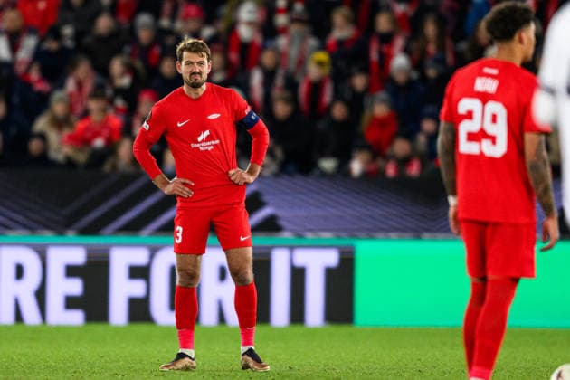 260219 Fredrik Pallesen of Brann looks dejected after 0-1 during the UEFA Europa League football match between Brann and Bologna on February 19, 2026 in Bergen. Photo: Marius Simensen BILDBYRAN COP 238 MM0056 bbeng brann bologna football fotball fotboll soccer uefa europa league depp Copyright: MARIUSxSIMENSEN BB260219ZW031