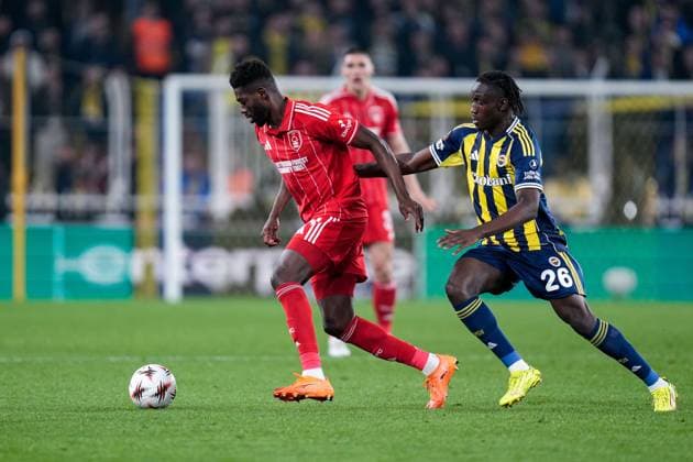 Ibrahim Sangarà of Nottingham Forest Football Club pressured by Sidiki Chà rif of Fenerbahce Fenerbache v Nottingham Forest, UEFA Europa League, Knockout Round Play Offs, First Leg, Football, Sukru Saracoglu Stadium, Istanbul, Turkiye - 19 Feb 2026Istanbul Sukru Saracoglu Stadium Turkey EDITORIAL USE ONLY No use with unauthorised audio, video, data, fixture lists, club league logos or live services. Online in-match use limited to 120 images, no video emulation. No use in betting, games or single club league player publications. Copyright: xRaddadxJebarah Shutterstockx 16674269aa