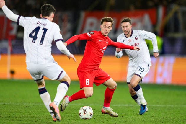 260219 Felix Horn Myhre of Brann during the UEFA Europa League football match between Brann and Bologna on February 19, 2026 in Bergen. Photo: Marius Simensen BILDBYRAN COP 238 MM0056 bbeng brann bologna football fotball fotboll soccer uefa europa league Copyright: MARIUSxSIMENSEN BB260219ZB038