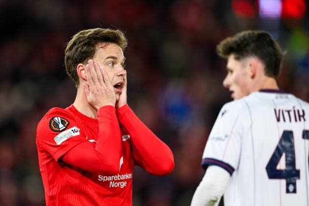 260219 Felix Horn Myhre of Brann reacts during the UEFA Europa League football match between Brann and Bologna on February 19, 2026 in Bergen. Photo: Marius Simensen BILDBYRAN COP 238 MM0056 bbeng brann bologna football fotball fotboll soccer uefa europa league Copyright: MARIUSxSIMENSEN BB260219ZM038