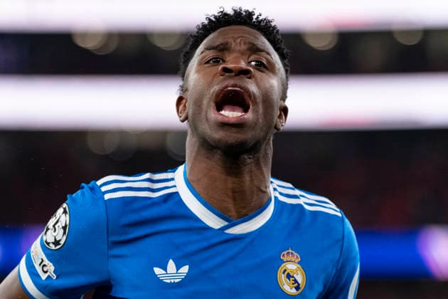 17th February 2026; Estadio da Luz, Lisbon, Portugal, UEFA Champions League Football, Benfica versus Real Madrid; Vin& xed;cius J& xfa;nior of Real Madrid celebrates his goal for 1-0 in the 50th minute  JosexSalgueiro