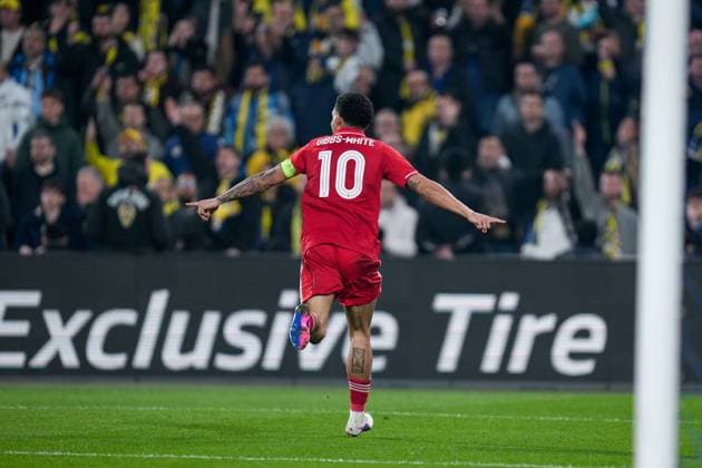 Morgan Gibbs-White of Nottingham Forest Football Club runs off and celebrates after he scores his goal Fenerbache v Nottingham Forest, UEFA Europa League, Knockout Round Play Offs, First Leg, Football, Sukru Saracoglu Stadium, Istanbul, Turkiye - 19 Feb 2026Istanbul Sukru Saracoglu Stadium Turkey EDITORIAL USE ONLY No use with unauthorised audio, video, data, fixture lists, club league logos or live services. Online in-match use limited to 120 images, no video emulation. No use in betting, games or single club league player publications. Copyright: xRaddadxJebarah Shutterstockx 16674269cm