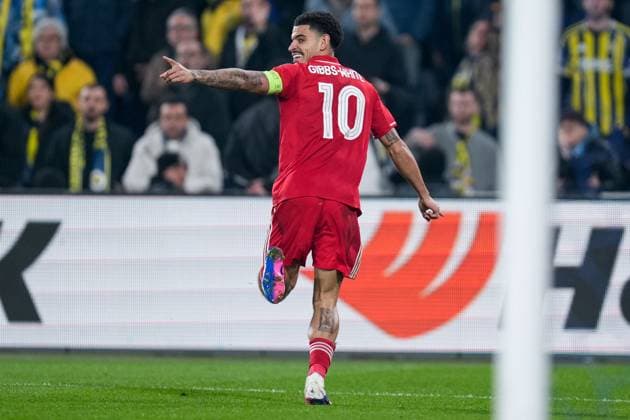 Morgan Gibbs-White of Nottingham Forest Football Club runs off and celebrates after he scores his goal Fenerbache v Nottingham Forest, UEFA Europa League, Knockout Round Play Offs, First Leg, Football, Sukru Saracoglu Stadium, Istanbul, Turkiye - 19 Feb 2026Istanbul Sukru Saracoglu Stadium Turkey EDITORIAL USE ONLY No use with unauthorised audio, video, data, fixture lists, club league logos or live services. Online in-match use limited to 120 images, no video emulation. No use in betting, games or single club league player publications. Copyright: xRaddadxJebarah Shutterstockx 16674269cp