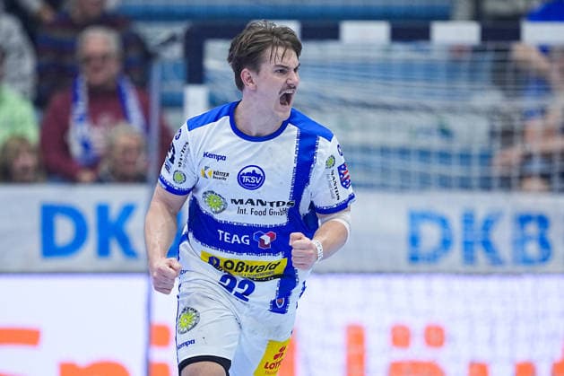 19.02.2026, xydrx, Handball, 1.HBL, VfL Gummersbach - ThSV Eisenach, Schwalbe-Arena: VFelix Aellen (ThSV Eisenach 22) jubelnd Photo: xYannisxDreimannxPressefotoKochx Nordrhein-Westfahlen Deutschland