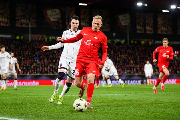 260219 Jon Dagur Thorsteinsson of Brann during the UEFA Europa League football match between Brann and Bologna on February 19, 2026 in Bergen. Photo: Marius Simensen BILDBYRAN COP 238 MM0056 bbeng brann bologna football fotball fotboll soccer uefa europa league Copyright: MARIUSxSIMENSEN BB260219ZL048