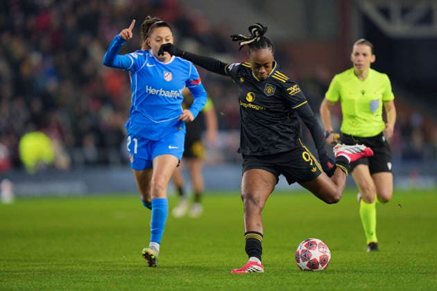 Manchester United, ManU Women v AtlÃ tico de Madrid Femenino, Leigh, UK - 19 {iptcmonthname3} 2026 Melvine Malard of Manchester United Women sets herself to shoot during the UEFA Women s Champions League, Knockout Round Play-Off Second Leg match between Manchester United Women and AtlÃ tico de Madrid Femenino at Leigh Sports Village, Leigh on 19 February 2026 ( Leigh Leigh Sports Village Greater Manchester England Copyright: xStevexFlynn PPAUKx PPA-249515
