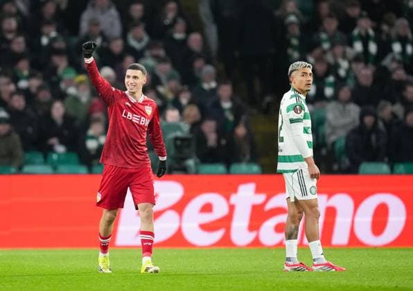 Bilal El Khannouss of Stuttgart celebrates scoring to give Stuttgart a 0-1 lead. Celtic v Stuttgart, UEFA Europa League, Knockout Round Play Offs, First Leg, Football, Celtic Park, Glasgow, Scotland, UK - 19 Feb 2026Glasgow Celtic Park Scotland United Kingdom EDITORIAL USE ONLY No use with unauthorised audio, video, data, fixture lists, club league logos or live services. Online in-match use limited to 120 images, no video emulation. No use in betting, games or single club league player publications. Copyright: xStuartxWallace Shutterstockx 16674319y