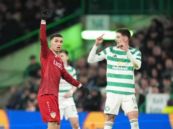 Bilal El Khannouss of Stuttgart celebrates scoring to give Stuttgart a 0-1 lead, with Tomas Cvancara of Celtic, right. Celtic v Stuttgart, UEFA Europa League, Knockout Round Play Offs, First Leg, Football, Celtic Park, Glasgow, Scotland, UK - 19 Feb 2026Glasgow Celtic Park Scotland United Kingdom EDITORIAL USE ONLY No use with unauthorised audio, video, data, fixture lists, club league logos or live services. Online in-match use limited to 120 images, no video emulation. No use in betting, games or single club league player publications. Copyright: xStuartxWallace Shutterstockx 16674319ad