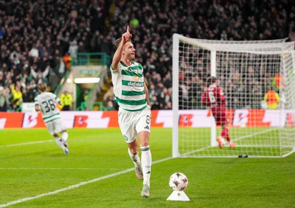 Benjamin Nygren of Celtic celebrates scoring to tie the game 1-1. Celtic v Stuttgart, UEFA Europa League, Knockout Round Play Offs, First Leg, Football, Celtic Park, Glasgow, Scotland, UK - 19 Feb 2026Glasgow Celtic Park Scotland United Kingdom EDITORIAL USE ONLY No use with unauthorised audio, video, data, fixture lists, club league logos or live services. Online in-match use limited to 120 images, no video emulation. No use in betting, games or single club league player publications. Copyright: xStuartxWallace Shutterstockx 16674319ag