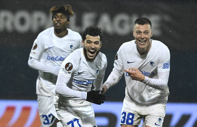 GNK Dinamo v KRC Genk - UEFA Europa League 2025 26 Knockout Play-off First Leg ZAGREB, CROATIA - FEBRUARY 19: Noah Adedeji, Zakaria el Ouahdi, Daan Heymans during the UEFA Europa League 2025 26 Knockout Play-off First Leg match between GNK Dinamo and KRC Genk at Stadion Maksimir on February 19, 2026 in Zagreb, Croatia.  MarkoxLukunic PIXSELL